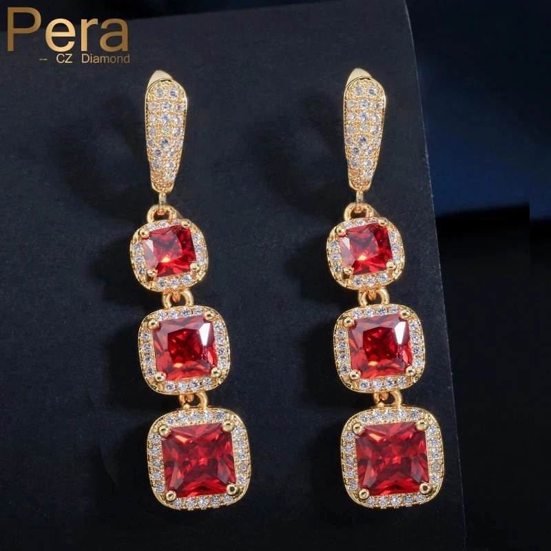 

Pera Classic 3 Big Square Long Dangle Indian Red Cubic Zirconia Stone Earring Yellow Gold Color Vintage Women Party Jewelry E281