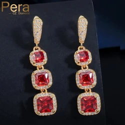 Pera Classic 3 Big Square Long Dangle Indian Red Cubic Zirconia Stone Earring Yellow Gold Color Vintage Women Party Jewelry E281