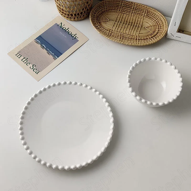 Creative White Beaded Ceramic Plate Nordic Modern Steak Pasta Dinner Plates Fruit Salad Bowl Breakfast Dessert Dishes Home Decor