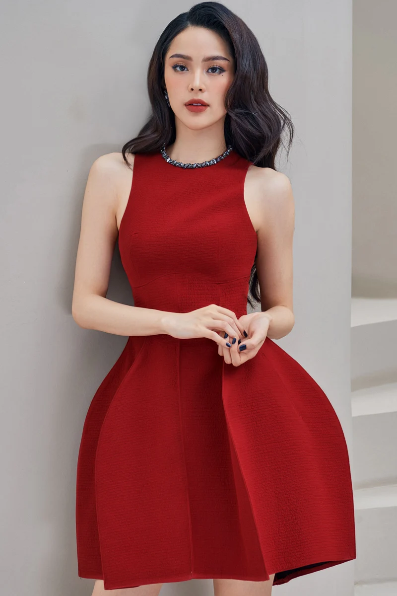 sartoria Girocollo senza maniche gonfio personalizzato diamante rosso bianco nero cocktail party abito senza spalline festa nuziale spiaggia