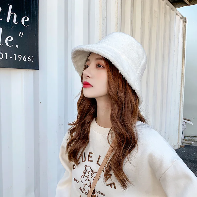 2024 New Korean Solid Fisherman Hat Winter Faux Fur White Black Bucket Hat For Women Men Panama Fishing Cap bob chapeau