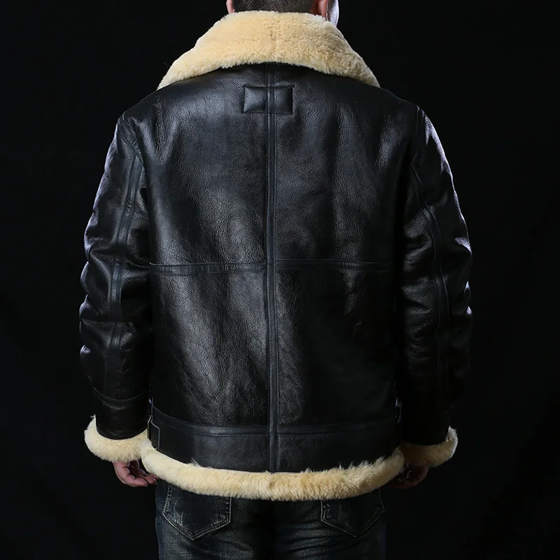 Avfly European Size High Quality Super Warm Genuine Sheep Leather Coat Mens Big B3 Shearling Bomber Military Fur Jacket