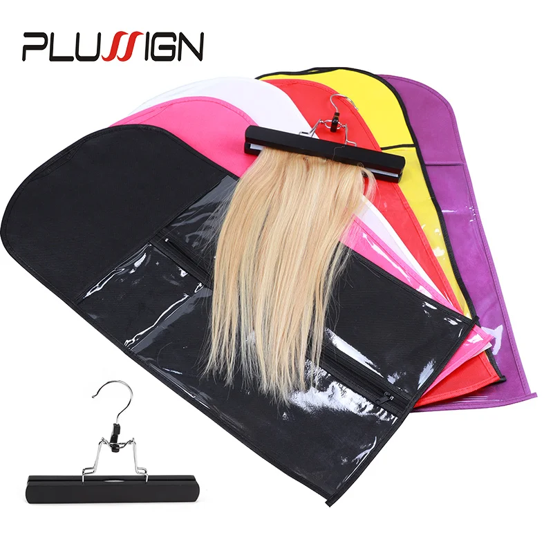 5Pcs Wig Tas Penyimpanan untuk Ekstensi Rambut dengan Gantungan Kayu Wig Penyimpanan Rambut Ekstensi Dudukan dan Gantungan Anti Debu tas Penyimpanan