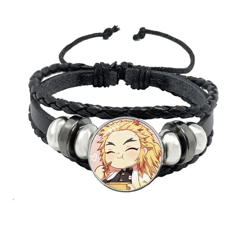 Anime Demon Slayer: Kimetsu No Yaiba Kamado Tanjirou Cosplay Bracelet Cartoon Collect Glass Cabochon Leather Bangle Jewelry Gift