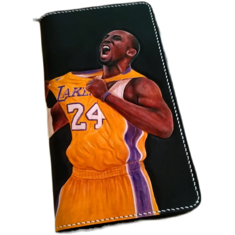 

Handmade carving Basketball star Wallets Purses Women Men Long Clutch Vegetable Tanned Leather Wallet Card Holder Birthday Gift