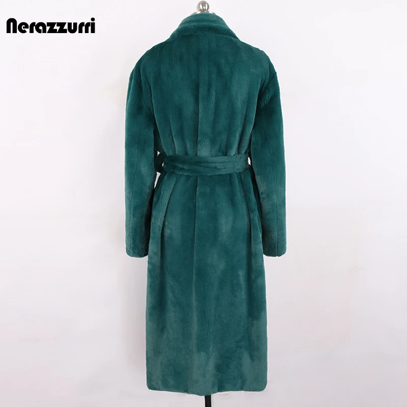 Nerazzurri Winter Long Green Warm Soft Loose Fluffy Faux Fur Coat Women Belt Lapel Elegant  Luxury Designer Korean Fashion 2021