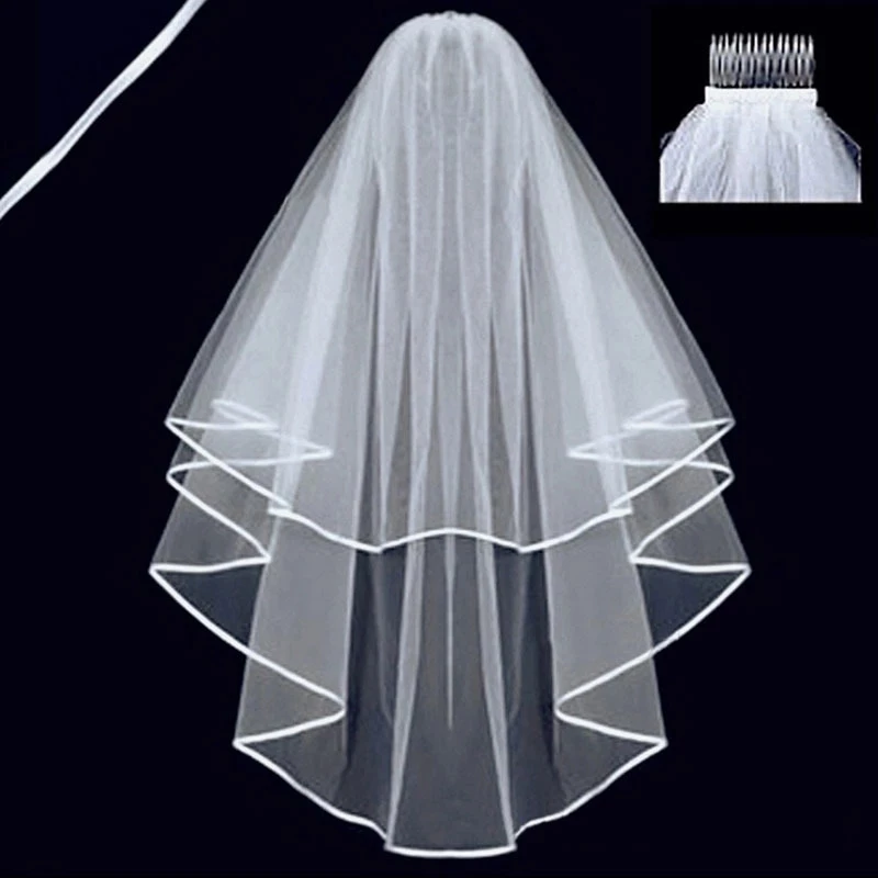 Bridal Veil Two Layers Ribbon Edge Wedding With Comb Tulle For Dress