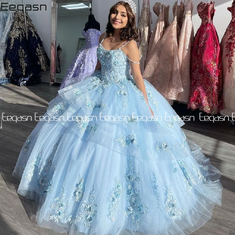 Licht Blau Ballkleid Quinceanera Kleider Spitze Applqiues Spaghetti Strap Süße 16 Prom Kleid Party Tragen Braut Boutique