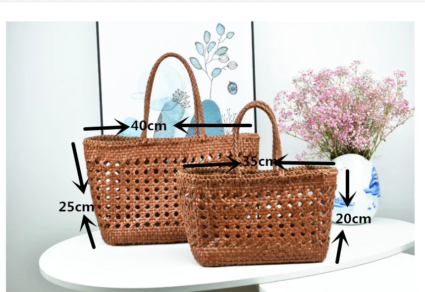 100% Genuine Leather Hollowed Hand Woven Shoulder Bag with Casual Woven Inside Bag Vintage Big Bag Shopping Bag Cowhide Tote Bag