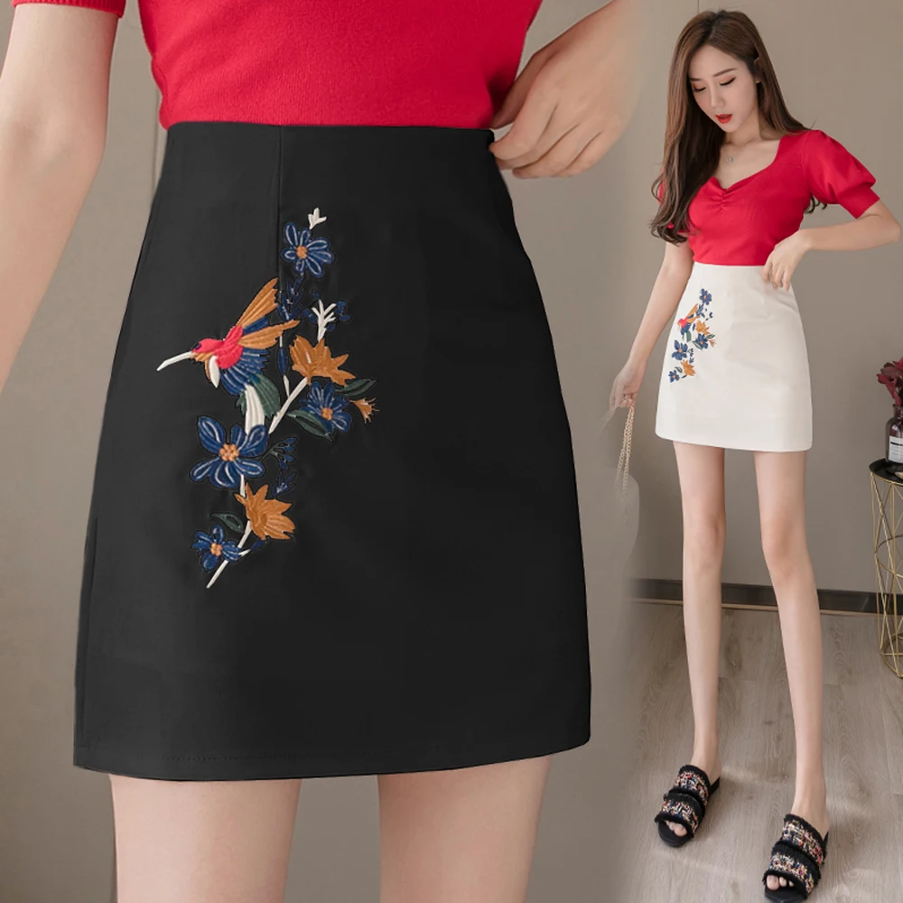 

Women Short 2020 New Spring Summer Wear Mini Skirt With Embroidery Floral High Waist Skirts Womens A-line Korean Style