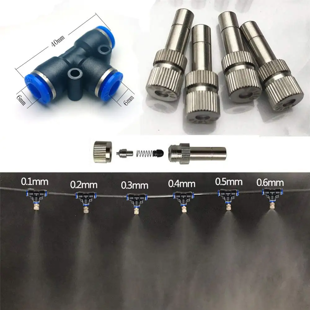 10PCS Fog Misting Nozzle With 6mm Tee Quick Connection Garden Water Irrigation Sprinkler for Low Pressure Misting System