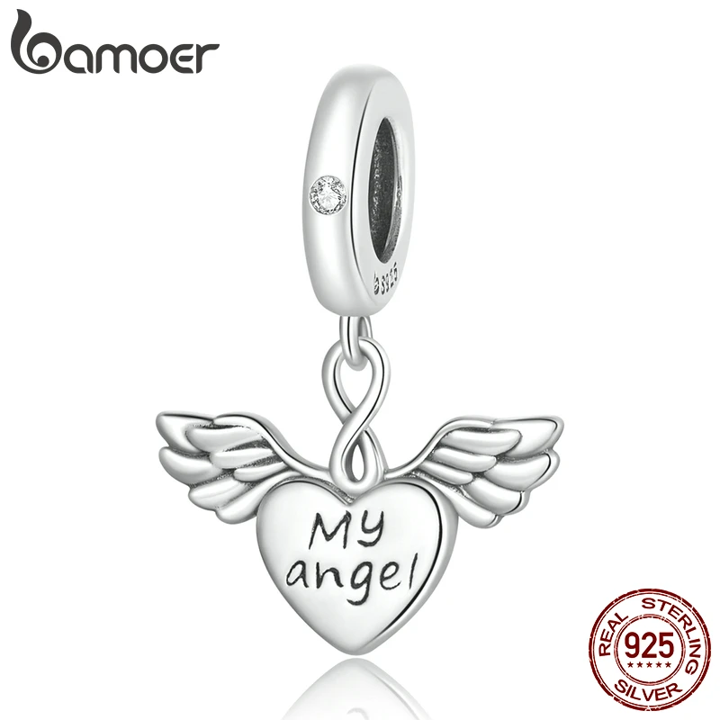 

Bamoer 925 Sterling Silver Heart-Wings Pendant Engaved with My Angel for Silver Snake Bracelet & Bangle Valentine's Day Gift