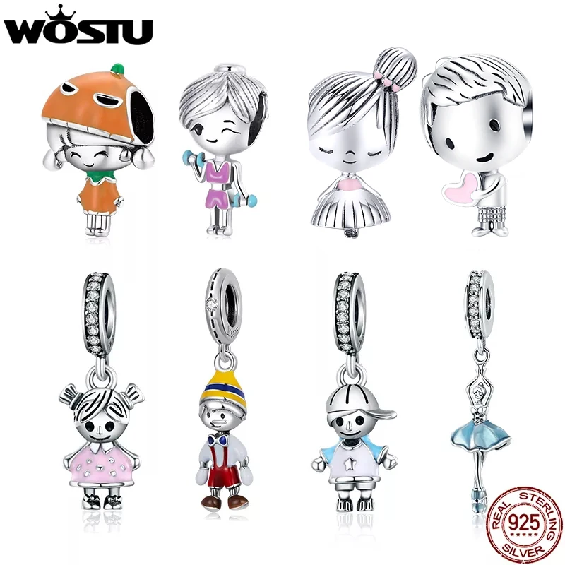 

WOSTU 925 Sterling Silver Cool Boy Sport Girl Charms Beads Pendant For Women Fit Original Bracelet DIY Necklace Valentine Gift