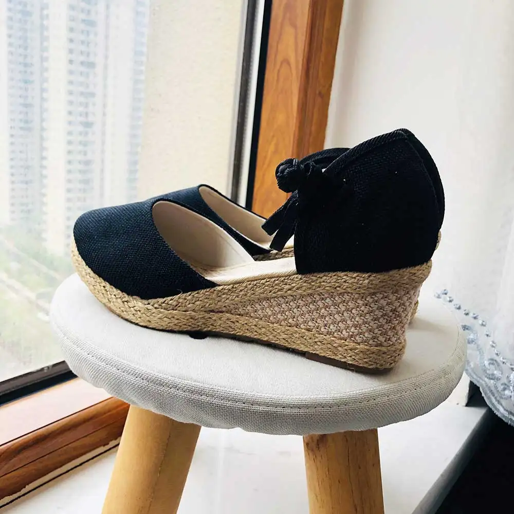 Veowalk Summer Women Linen Plain 6cm Wedge Sandals Bohemian Handmade Ladies Casual Comfortable Espadrilles Platform Pumps Shoes