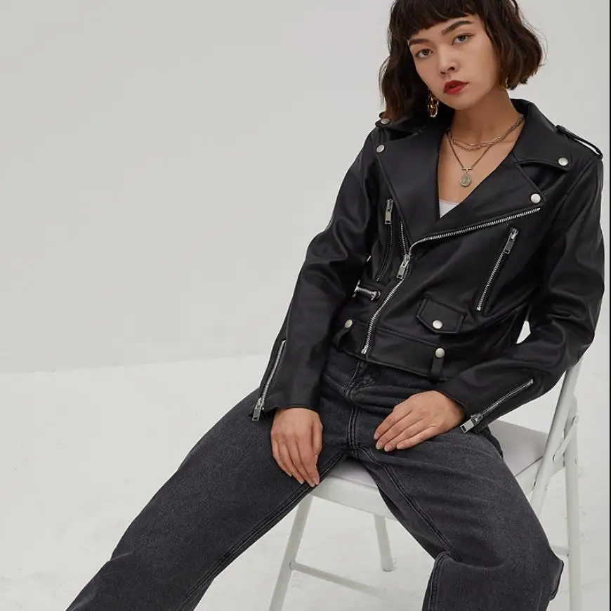 Blouson en cuir pu noir avec fermeture éclair pour femme, vêtement d'extérieur Punk, style Locomotive, F1470