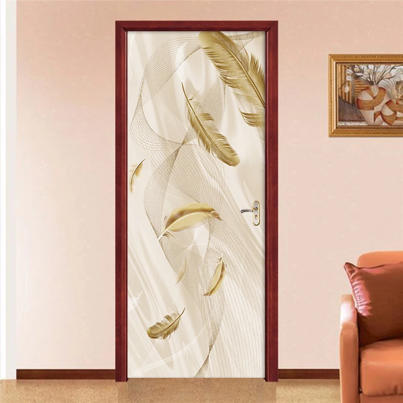 DIY Self-Adhesive Door Stickers 3D Golden Feather Line Decals For Living Room Bedroom Door Decor PVC Waterproof Wallpaper Mural