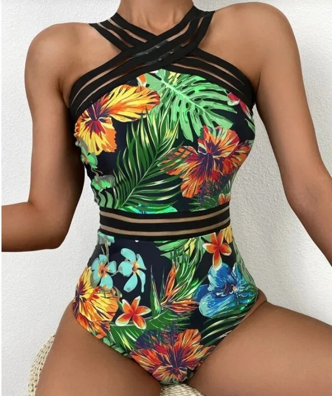 Womens Sexy Flower Swimsuit Leaf Print 1 Piece Striped Halter Swimsuit Sleeveless High Waist Swimwear Tight V-Neck Suit