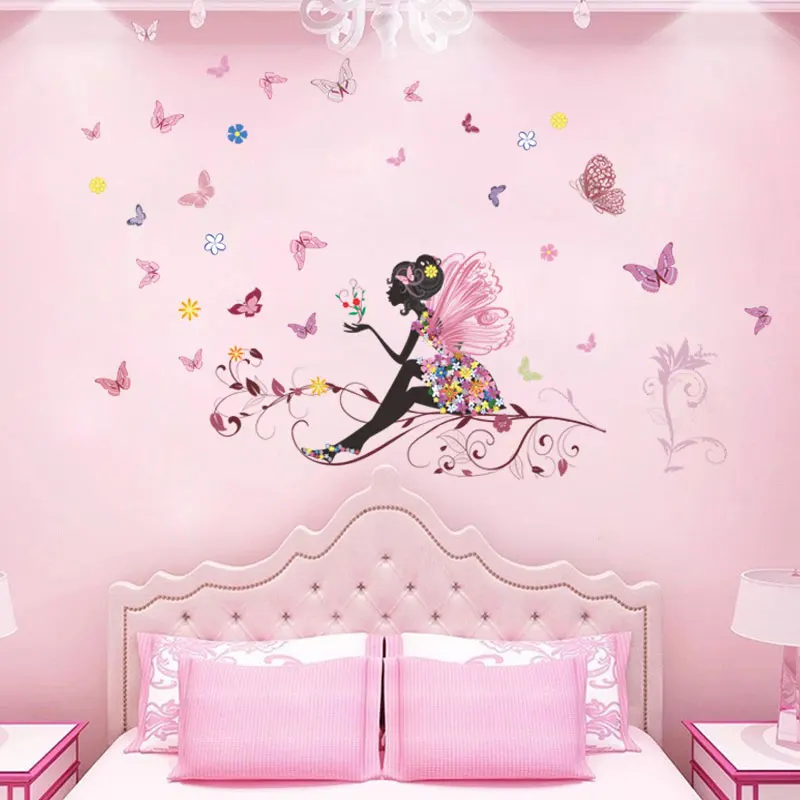 cartoon butterfly flower fairy 50*70cm wall stickers for kids rooms home decor diy wall decals mural art pvc posters gifts