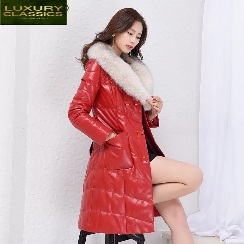 

Leather Sheepskin Coat Genuine Real Fox Fur Collar Long Coats Female Leather Jacket Women Plus Size Outwear Coats LWL1062