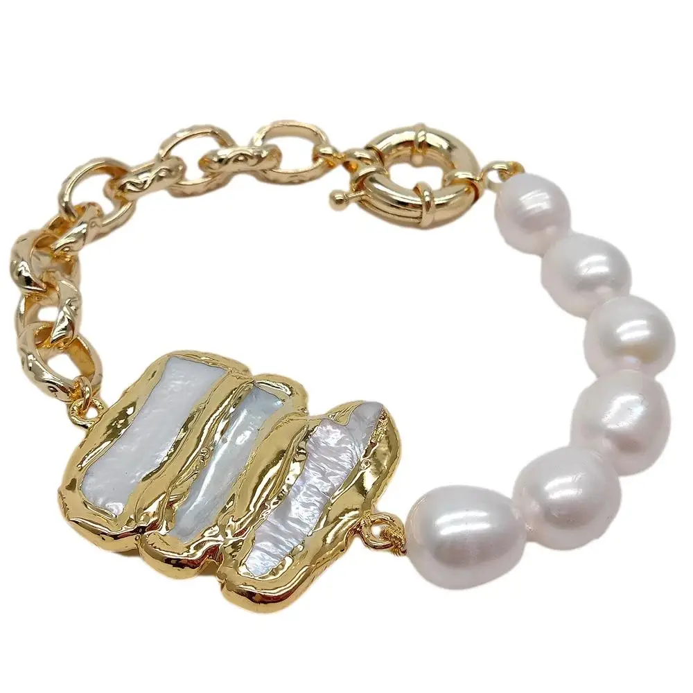 

YYGEM Natural Cultured White Rice Pearl Gold Color Chain Bracelet White Biwa Pearl Connector 8"