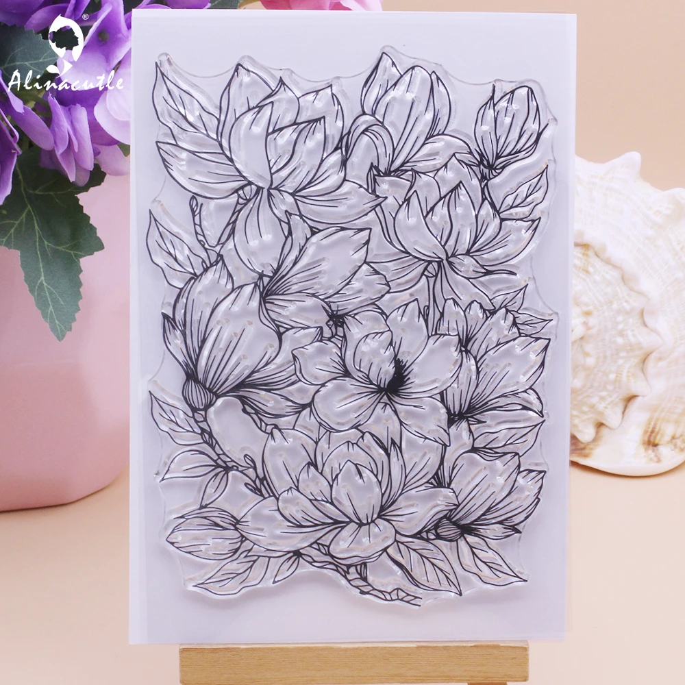 Alinacutle Clear Stamps Large Magnolia Bloom Floral DIY Scrapbooking Card Album Paper Craft Rubber Transparent Silicon Stamps