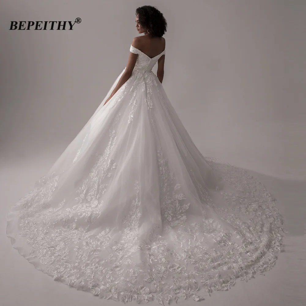 BEPEITHY-Vestidos de Novia de encaje de lujo, con hombros descubiertos de princesa vestido de novia, tren de corte, sin mangas, 2022