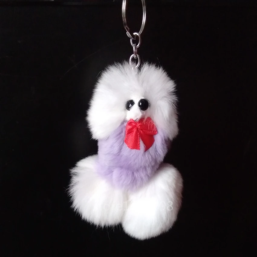 12 pcs/lot White Rabbit Fur Keyring Dog Style Keychain Cute Bird Fur Brand Bag Charms Fur Key rings Bowknot Pompons Pendant Gift