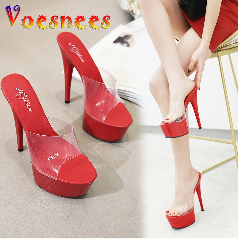 2022 Summer Slippers 6 Color Red  White Black Women Platform Shoes Sexy Nightclubs T stage Shows High Heels 15cm Plus-size 34-41