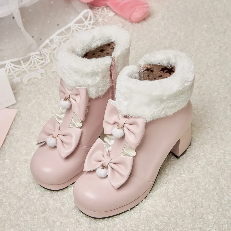 Zapatos de Lolita con decoración de piel de forro polar para mujer, botines cálidos de invierno, Cosplay de princesa Kawaii, Botas de plataforma