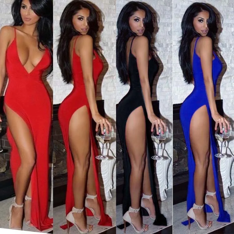 

2021 Latest Popular Front And Back Deep V Low Cut High Elastic Sexy Tight Side High Split Long Skirt Party Fun Nightclub Dress T