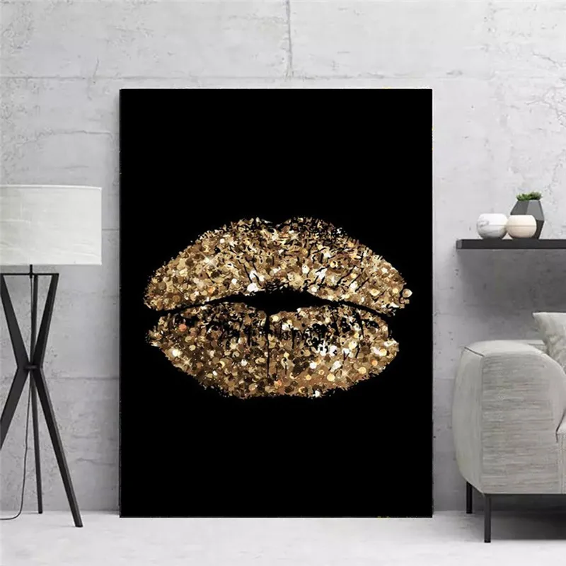 

Abstract Golden Sexy Lips Canvas Art Posters And Prints Black Woman Canvas Paintings on the Wall Art Pictures Home Wall Decor