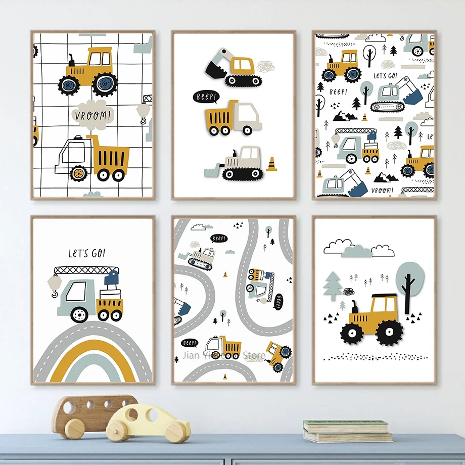 Cartoon Tractor Crane Excavator Rainbow Quotes Wall Art Canvas Painting Nordic Posters And Prints Pictures Kids Room Home Decor