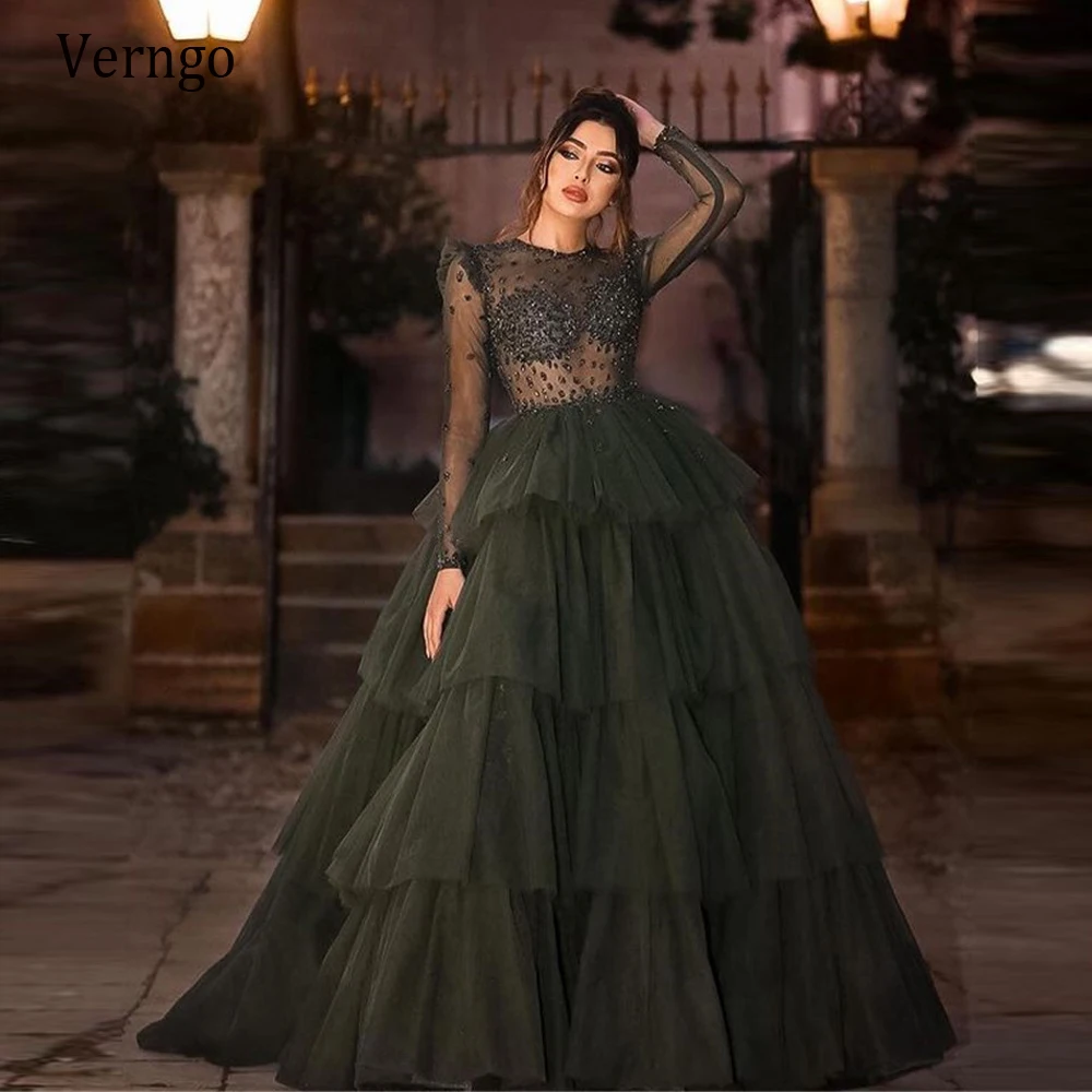 Verngo verde scuro Tulle strati gonna abito da ballo abiti da ballo collo trasparente maniche lunghe perline diamante lusso Dubai abito da sera