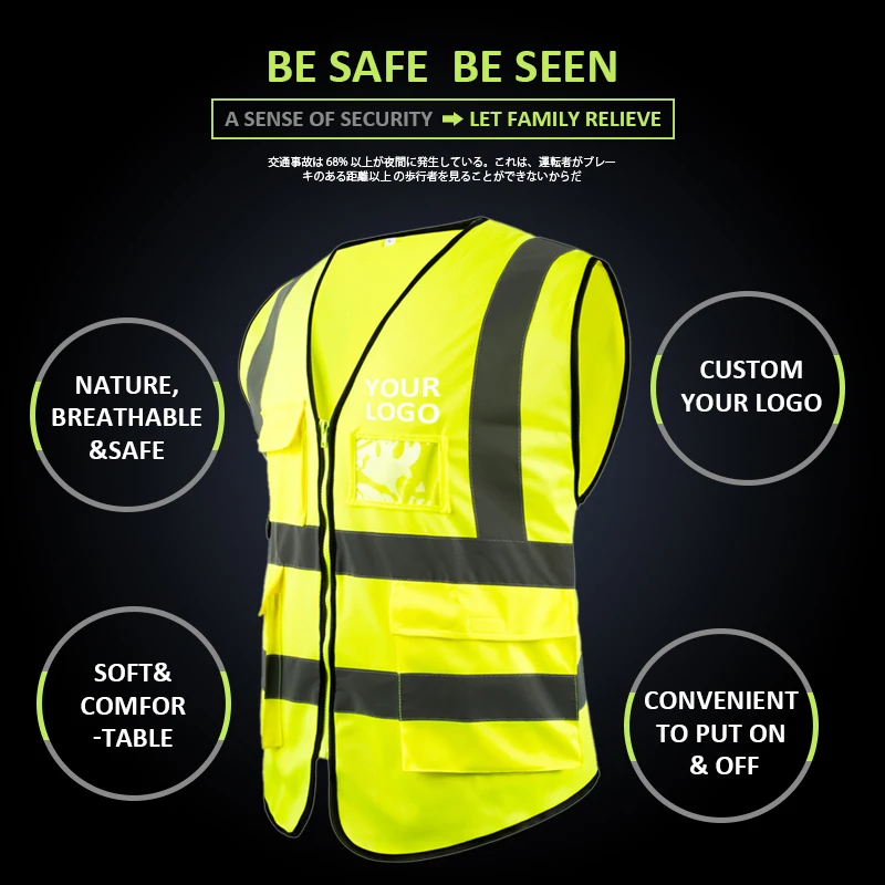 VOOFENG High Visibility Reflective Vest Clothing Safety Vest WorkWear with Pocket Zipper Jacket for Construction RS-BX07