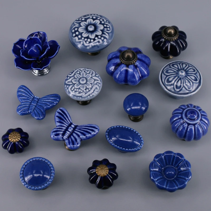 1PC Cute  porcelain drawer Knobs and Handles For Kid Rooms Cabinet Door Knob Cupboard Drawer Wardrobe Pull in Dark Blue color