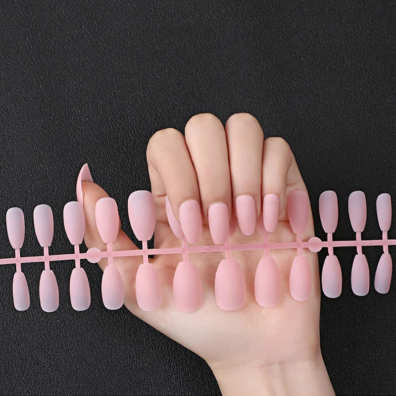 Nude Color Frosted Matte Fake Nails Full Cover Nails Tips Reusable Ballerina Coffin Solid Color False Nails with Glue Sticker