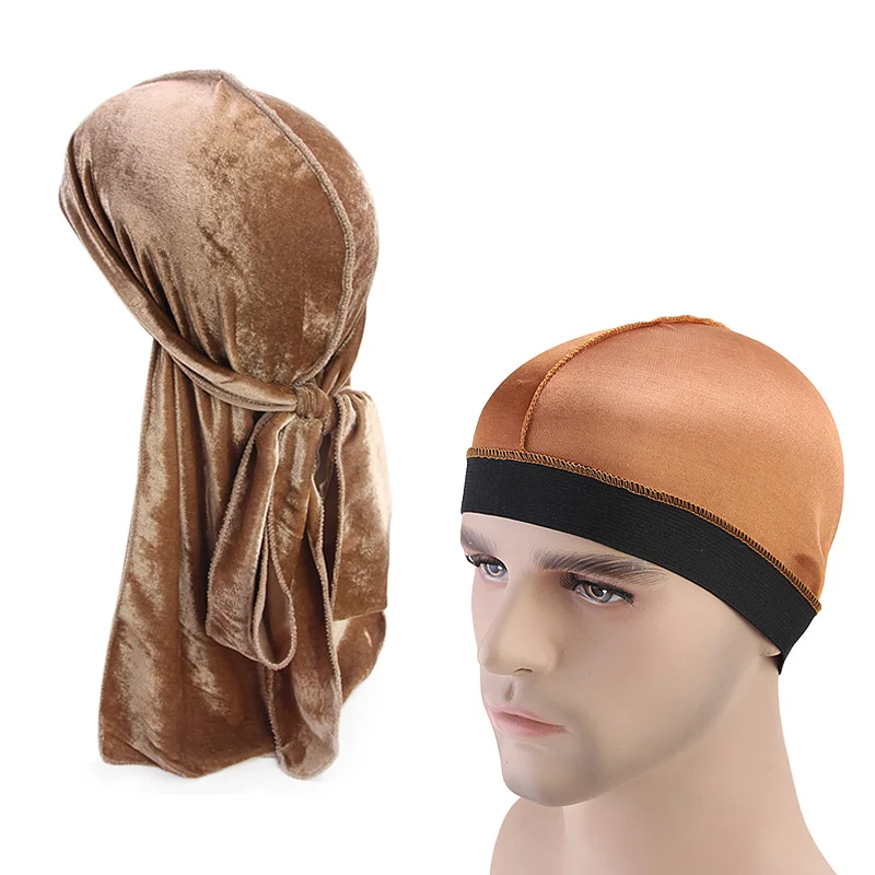 Gorro de terciopelo Durag para hombre y mujer, gorro de cúpula sedosa, Bandana estampada, gorro para dormir, 2 piezas