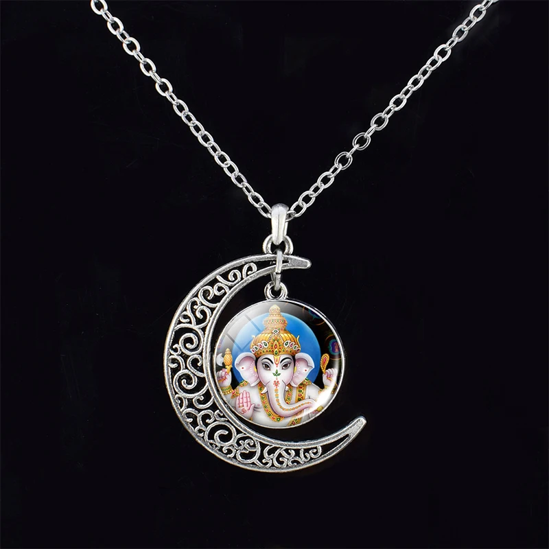 Cabochon Glass Crescent Moon Pendant Clavicle chain Necklace India Religion Necklaces Women God Brahma Lord Shiva Vishnu Jewelry