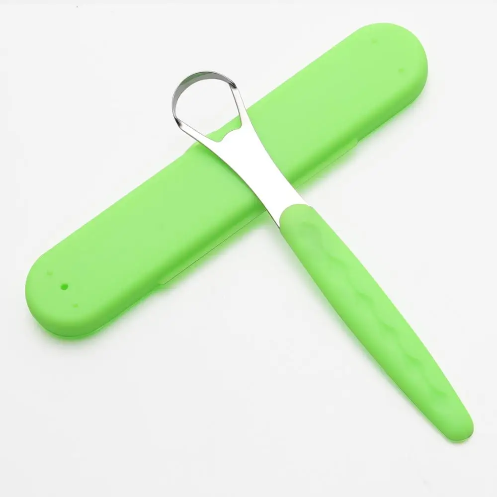 Raspador de lengua de acero inoxidable con estuche de viaje portátil, limpiador de lengua en forma de U, cepillo de lengua oral para respiración fresca de adultos