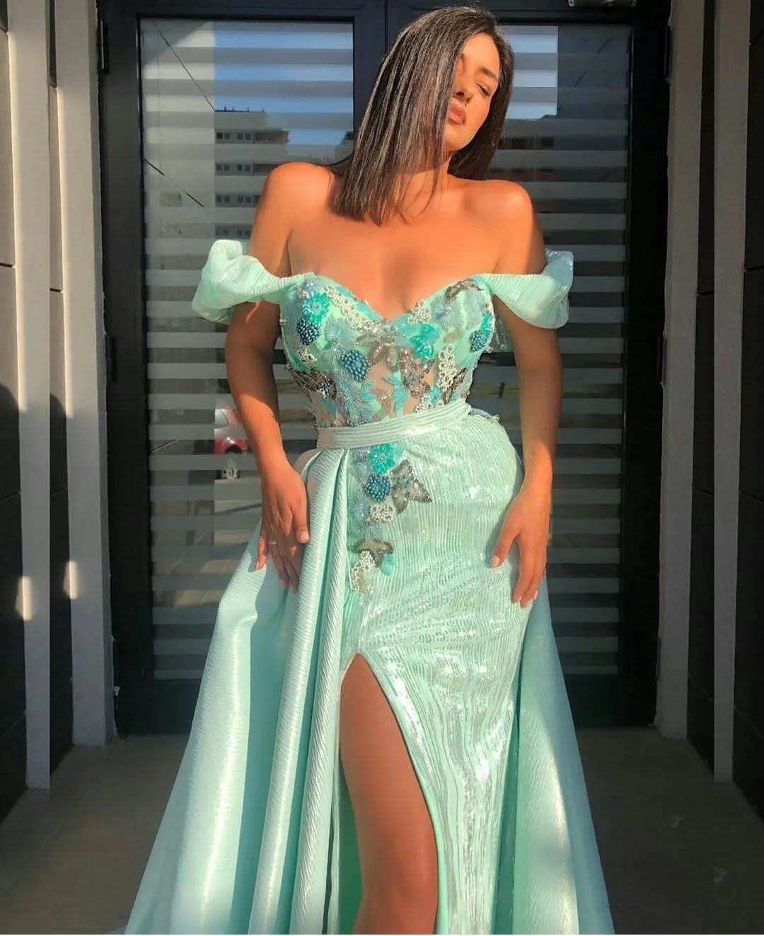 Mint Green High Split Mermaid Sequins Lace Prom Dresses 2024 Customized Formal Evening Dress Special Occasion Dress