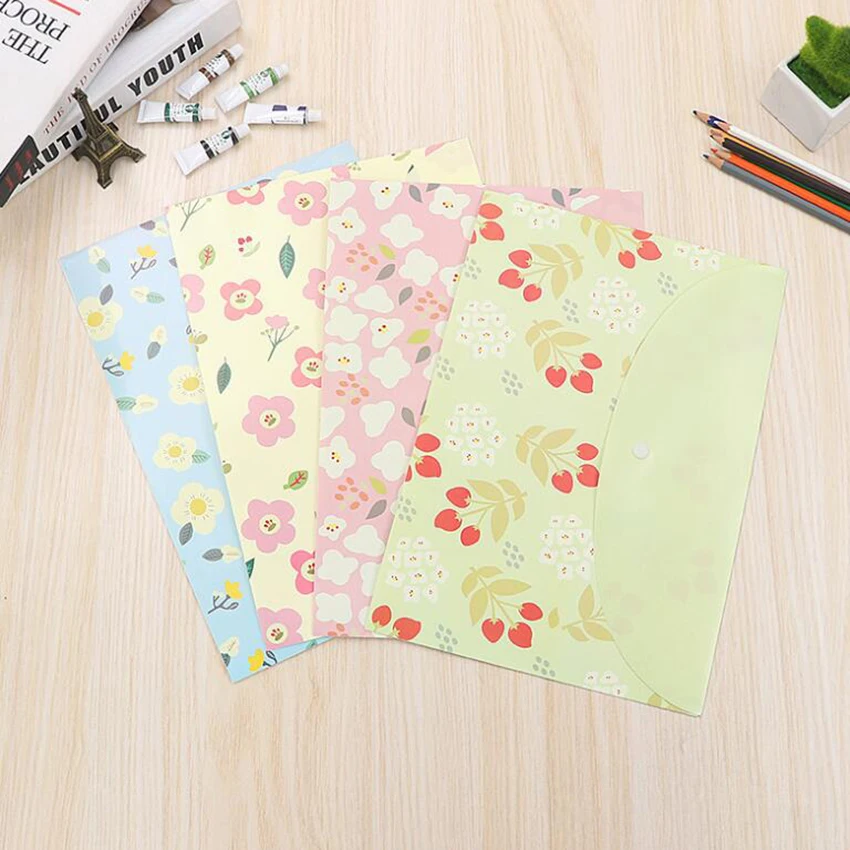 Plastic Envelopes Poly Envelopes, A4 Size Cute Pattern File Folders with Buckle Closure, Filing Envelopes for School/Home/Office