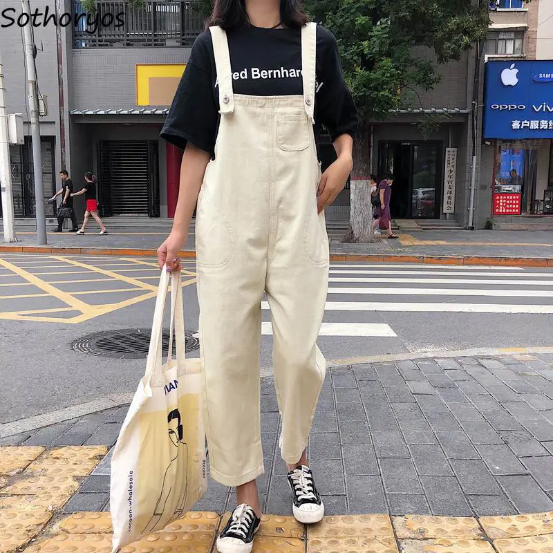 Denim Jumpsuits Women Solid Simple Ankle Length High Waist Streetwear Teenager Loose Straight Fashion Korean Chic Harajuku Retro