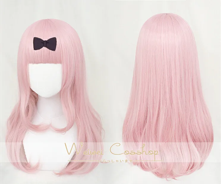 Fujiwara Chika Cosplay Wig Kaguya-sama: Love Is War 55cm Pink Cosplay Costume Wigs + Wig Cap + Black Bowknot Hairpin