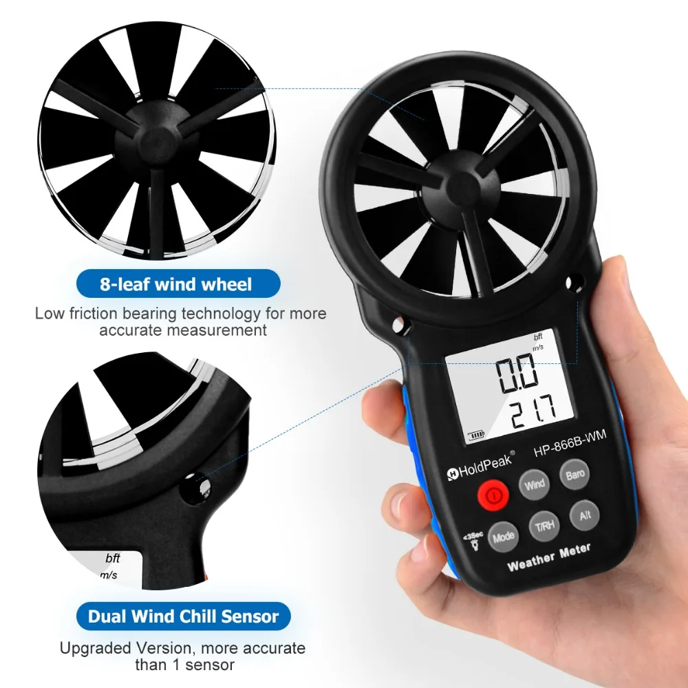 Anemometer HoldPeak HP-866B-WM Wind Speed Meter Digital Sensor Cup Anemometro 30m/s LCD Hand-held Measure tool Air Humidity