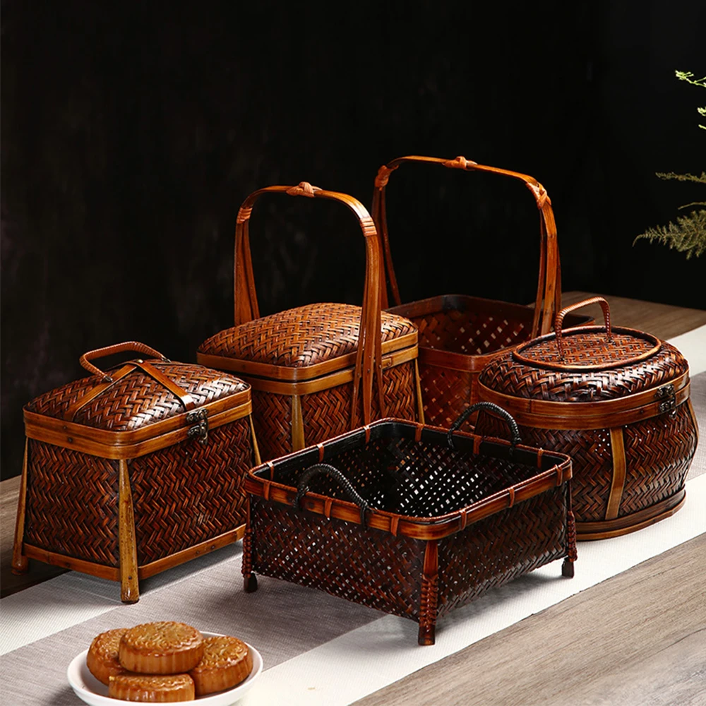 Chinese Style Handmade Weave Bamboo Storage Basket With Cover For Dessert Snacks Portable Tea Set Box For Home Kitchen Teahouse