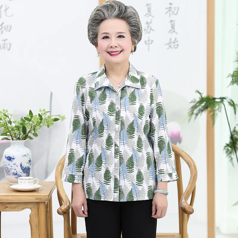 Middle-aged Old Mother's Print Shirt Summer Three Quarter Sleeve Thin Blouse And Tops Elegant Grandma Shirts Feminina Top W1959