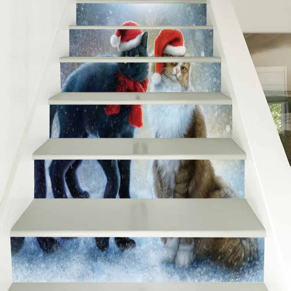 6pcs/13pcs Cute Christmas Tree Cat 3D Stair Sticker DIY Self-adhesive Home Decor Living Room PVC Wallpaper Floor Decals Murals