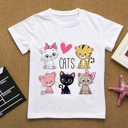 Camiseta de dibujos animados Love You Cat para niñas, ropa de verano con flores, Top de manga corta blanco