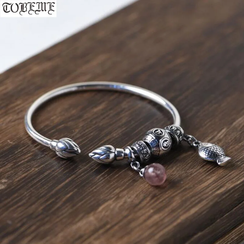 

100% 925 Siilver Tibetan Six Words Beaded Bracelet Vintage Sterling Lotus Cuff Bracelets Good Luck Bangle