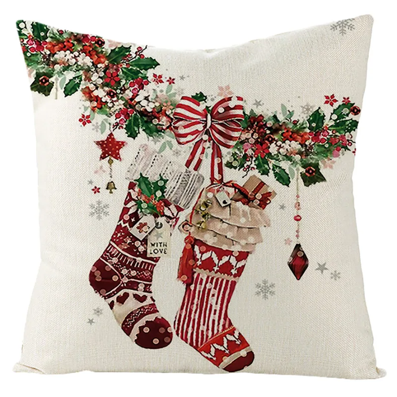 2022 Happy New Year Merry Christmas Decorations Linen Cushion Cover Buffalo Lattice Plaid Pillow Cover Reindeer Socks Pillowcase